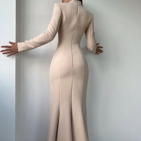 Khaki Elegant Women's Long Sleeve Formal Dress - Picture 2 of 7